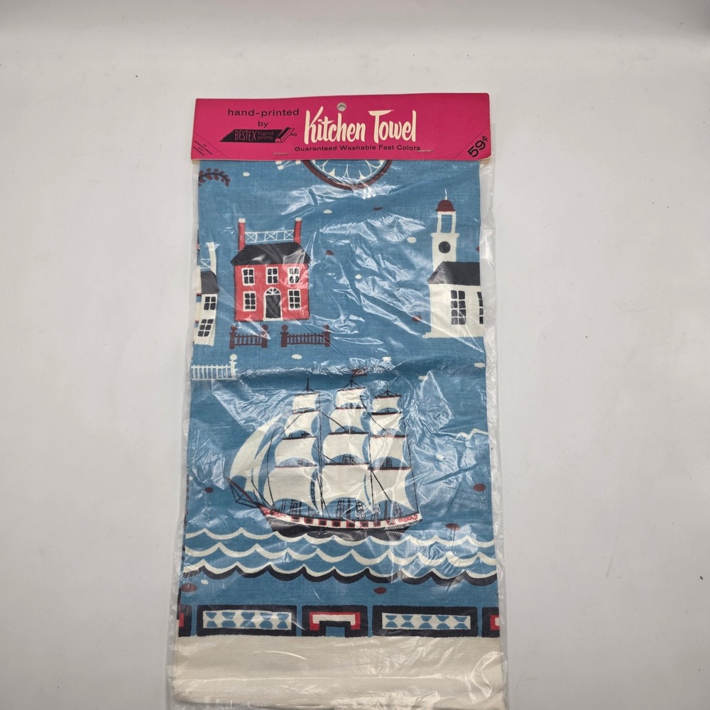 Kitchen Towel Vintage Nautical Sailing Ship Blue Mid Century Coastal‎ Decor